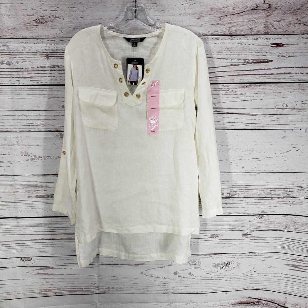 Company Ellen Tracy 100%Linen White Roll Tab Sleeve Top Size Small